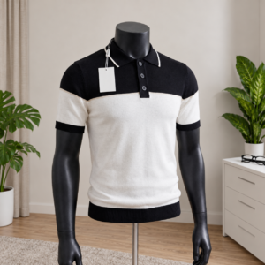 Men's Black & White Colour-Block Knit Polo Shirt displayed on a mannequin