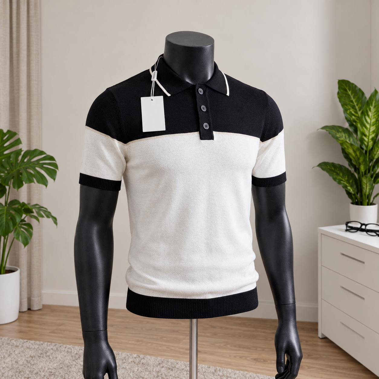 Men's Black & White Colour-Block Knit Polo Shirt displayed on a mannequin