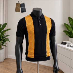 Men's Black & Gold Panel Knit Polo Shirt displayed on a mannequin