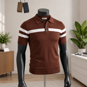 Men's Brown Chest-Stripe Knit Polo Shirt displayed on a mannequin