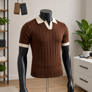Men's Chocolate Brown Open-Collar Knit Polo Shirt displayed on a mannequin