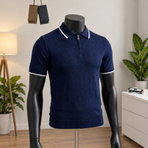 Men's Navy Textured Knit Polo Shirt displayed on a mannequin