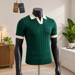 Men's Emerald Green Open-Collar Knit Polo Shirt displayed on a mannequin