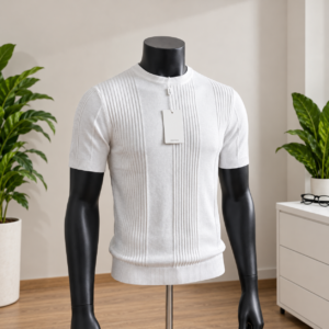 Men's White Ribbed Knit Polo Shirt displayed on a mannequin