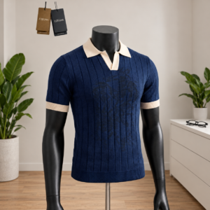 Men's Navy Blue Open-Collar Knit Polo Shirt displayed on a mannequin