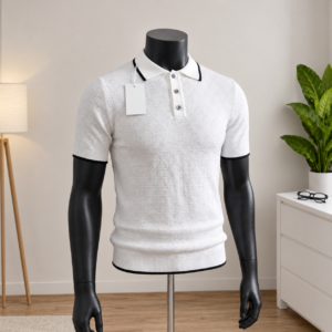 Men's White Textured Knit Polo Shirt displayed on a mannequin