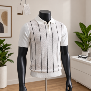 Men's White Pinstripe Knit Polo Shirt displayed on a mannequin