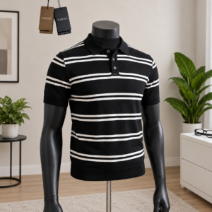 Men's Black & White Striped Knit Polo Shirt displayed on a mannequin