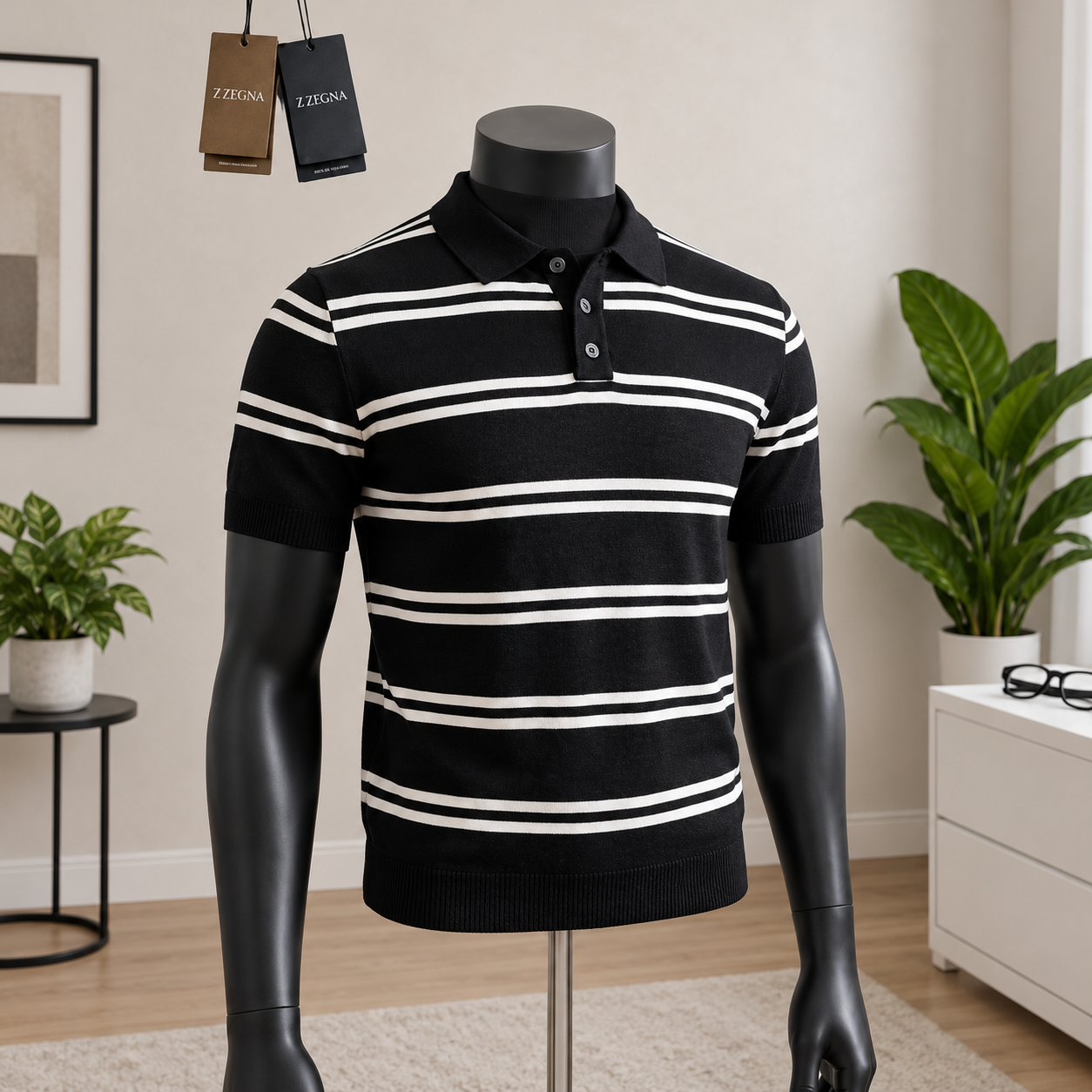 Men's Black & White Striped Knit Polo Shirt displayed on a mannequin