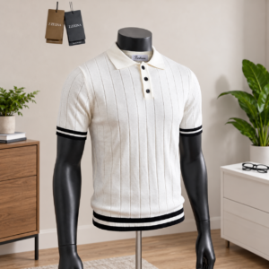 Men's White Ribbed Knit Polo Shirt with Black Trim displayed on a mannequin