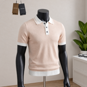 Men's Blush Peach Knit Polo Shirt displayed on a mannequin