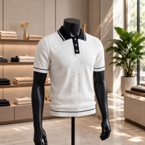 Men's White Knit Polo Shirt with Black Collar displayed on a mannequin
