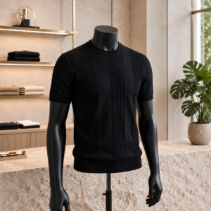 Men's Classic Black Knit Polo Shirt displayed on a mannequin
