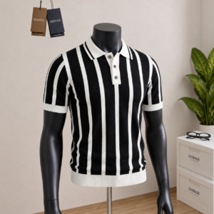 Men's Black & White Vertical Stripe Knit Polo Shirt displayed on a mannequin