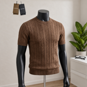 Men's Brown Textured Knit Polo Shirt displayed on a mannequin