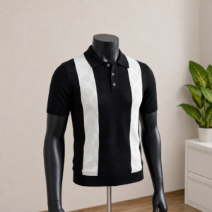 Men's Black & White Panel Knit Polo Shirt displayed on a mannequin