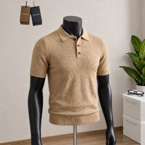 Men's Camel Tan Textured Knit Polo Shirt displayed on a mannequin