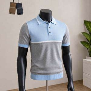 Men's Grey & Sky Blue Colour-Block Knit Polo Shirt displayed on a mannequin