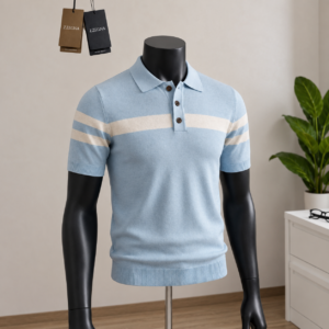 Men's Sky Blue Chest-Stripe Knit Polo Shirt displayed on a mannequin