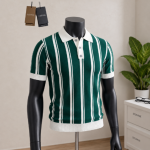Men's Green & White Vertical Stripe Knit Polo Shirt displayed on a mannequin