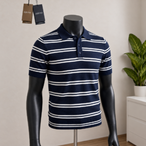 Men's Navy & White Striped Knit Polo Shirt displayed on a mannequin