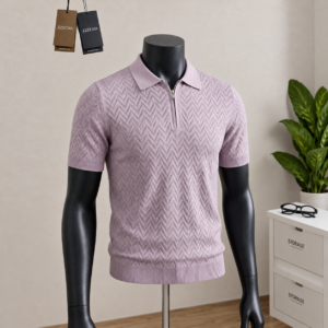 Men's Lilac Textured Knit Polo Shirt displayed on a mannequin