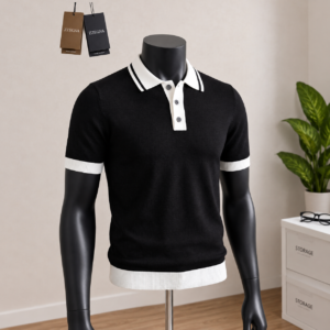 Men's Black Knit Polo Shirt with White Cuffs displayed on a mannequin