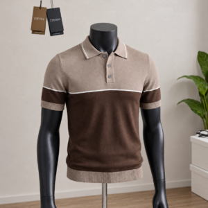 Men's Taupe & Brown Colour-Block Knit Polo Shirt displayed on a mannequin