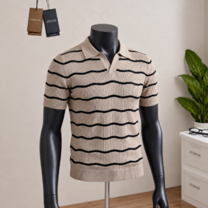 Men's Beige & Black Striped Knit Polo Shirt displayed on a mannequin