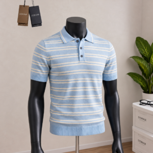 Men's Sky Blue Striped Knit Polo Shirt displayed on a mannequin