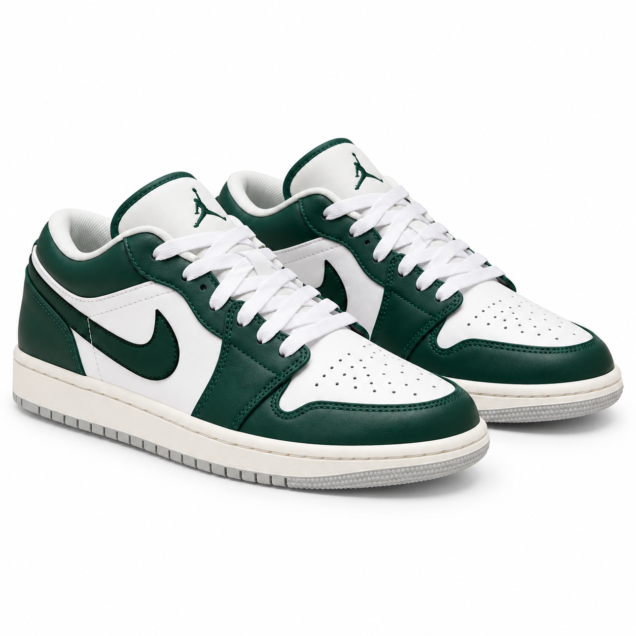 Pair of forest green and white Jordan 1 Low sneakers