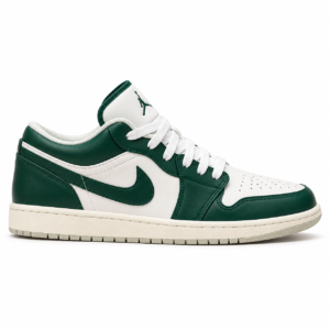 Men's Jordan 1 Low sneaker in forest green and white, side view