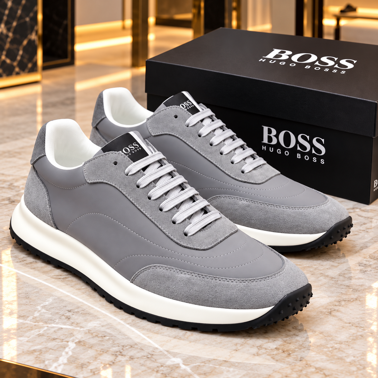 Pair of BOSS men's grey low-top sneakers with BOSS box on marble floor