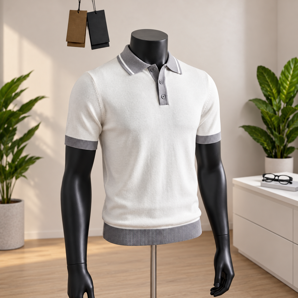 Men's White & Grey Trim Knit Polo Shirt displayed on a mannequin
