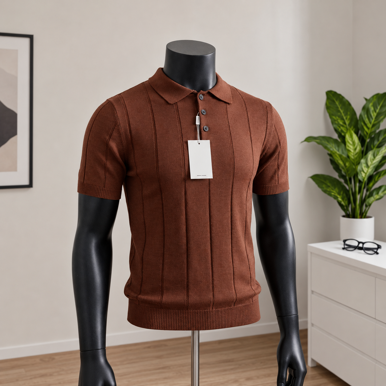 Men's Rust Brown Ribbed Knit Polo Shirt displayed on a mannequin