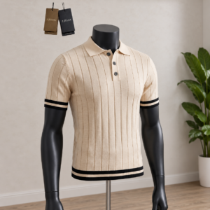Men's Beige Ribbed Knit Polo Shirt with Black Trim displayed on a mannequin