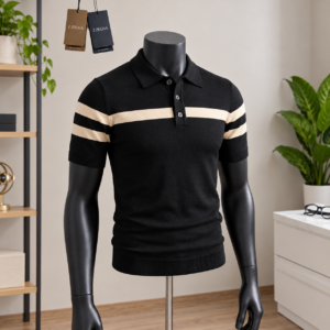 Men's Black & Cream Stripe Knit Polo Shirt displayed on a mannequin
