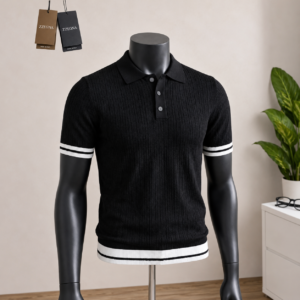Men's Black Knit Polo Shirt with White Trim displayed on a mannequin