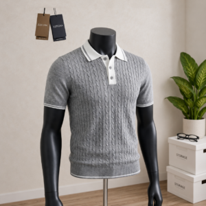 Men's Grey Textured Knit Polo Shirt displayed on a mannequin