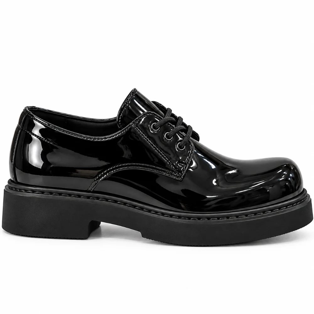 Men's Black Patent Chunky-Sole Derby Shoes - main view