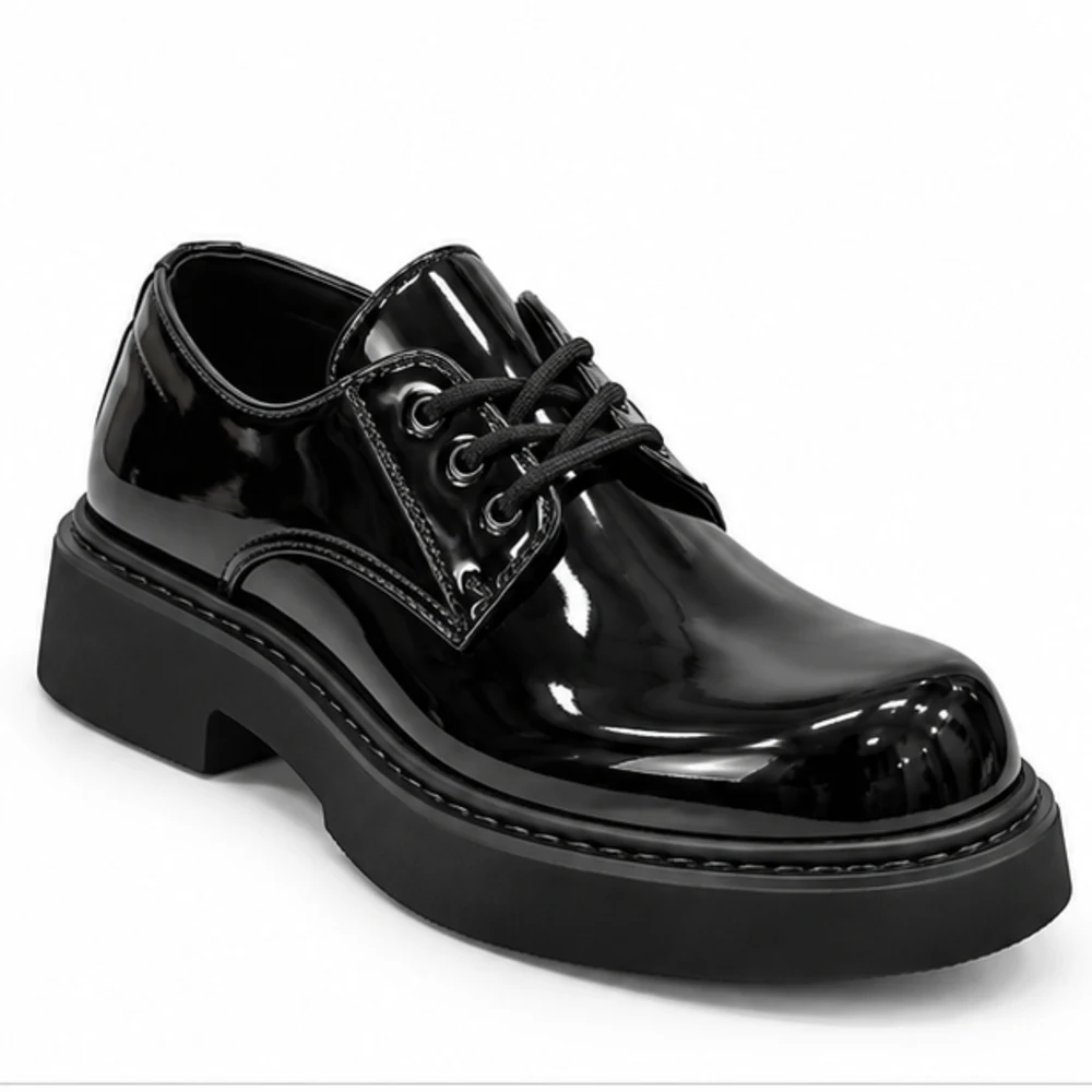 Men's Black Patent Chunky-Sole Derby Shoes - top-down view