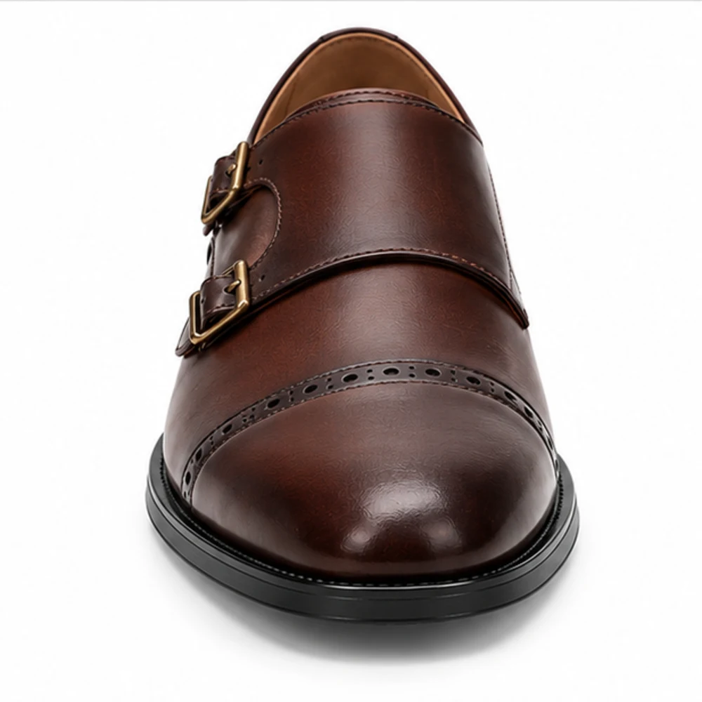 Men's Brown Double Monk Strap Cap-Toe Shoes - front view