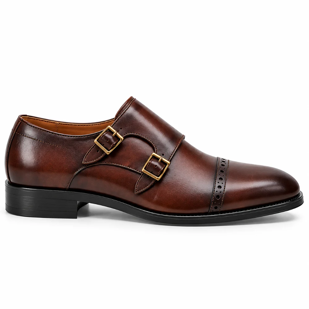 Men's Brown Double Monk Strap Cap-Toe Shoes - main view