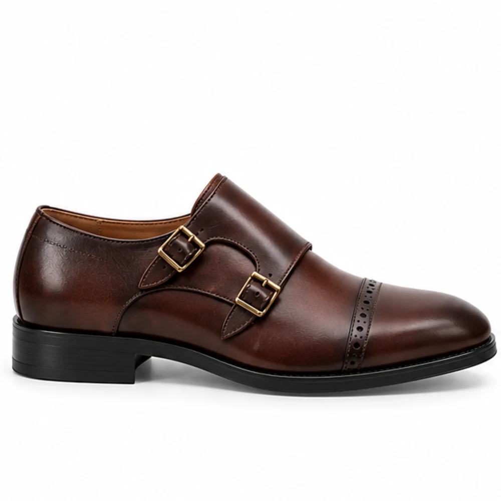 Men's Brown Double Monk Strap Cap-Toe Shoes - side view