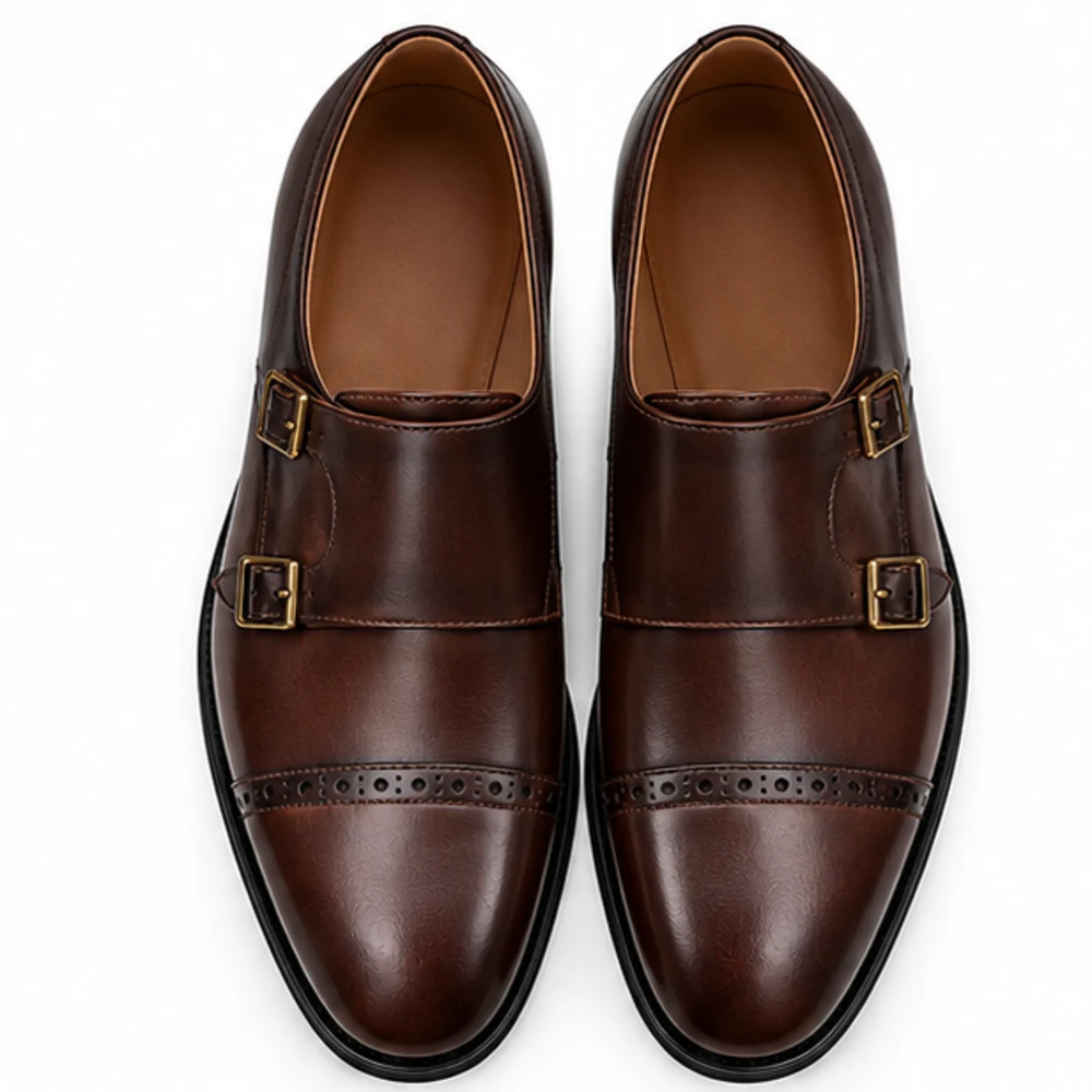 Men's Brown Double Monk Strap Cap-Toe Shoes - top-down view