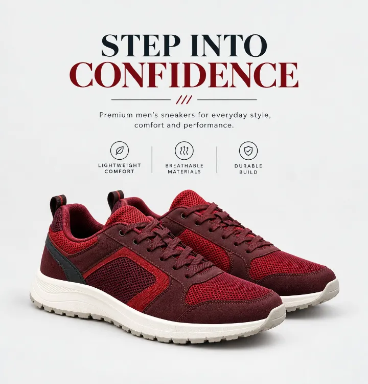 Burgundy and red mesh sneakers for men, Baggiva Stores