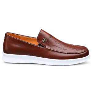 Tan script-print slip-on loafer for men with white sole, side view