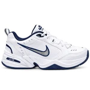 White and navy classic trainer for men with cushioned sole, side view