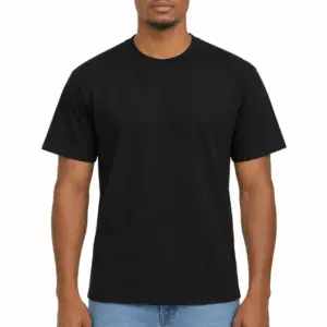 Black plain crew-neck t-shirt on a model, front view