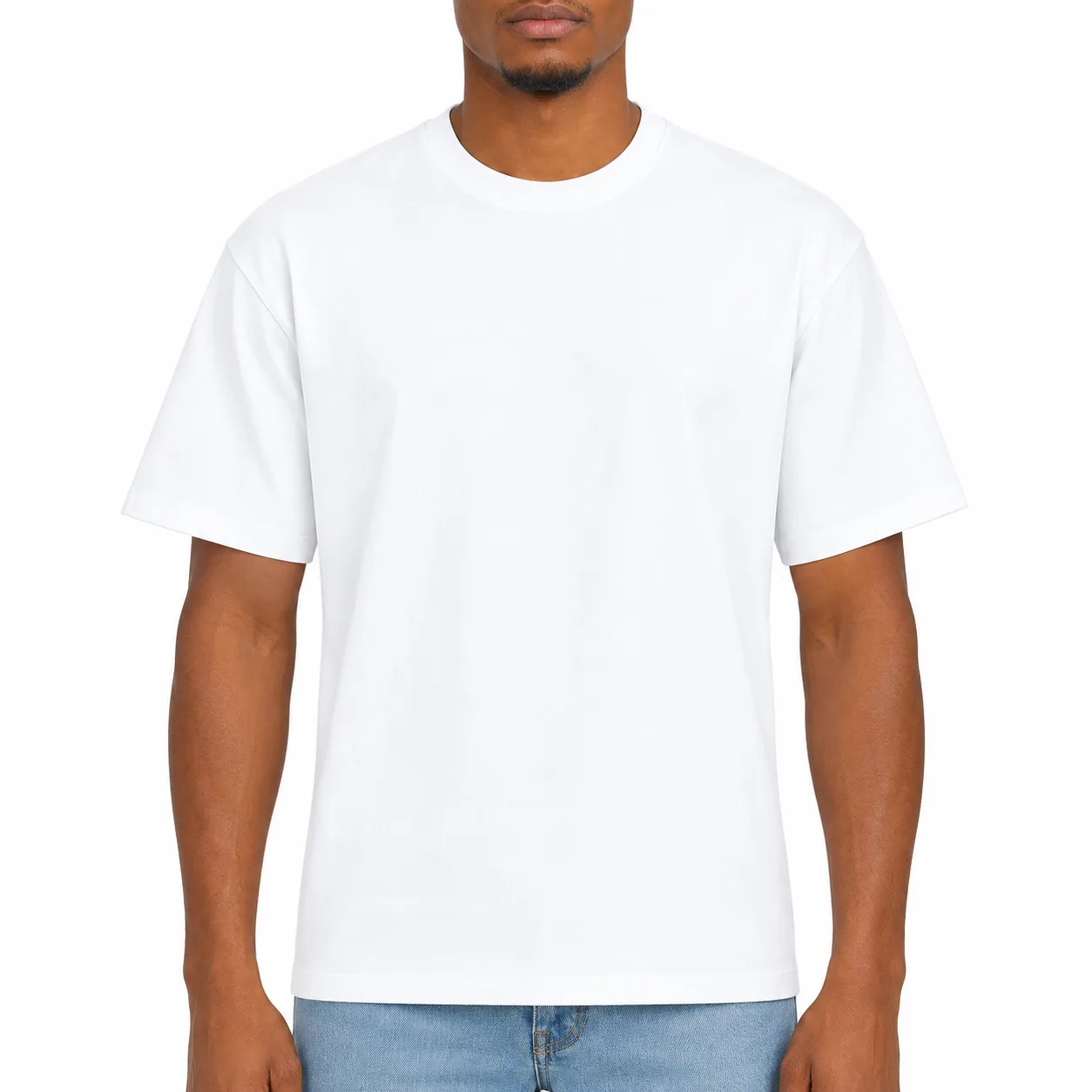 White plain crew-neck t-shirt on a model, front view